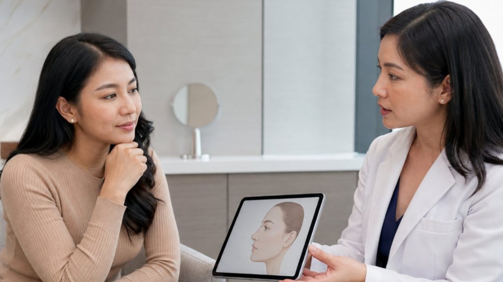 Therapist explaining a scalp scan result on a screen to a client before a scalp treatment session in Singapore