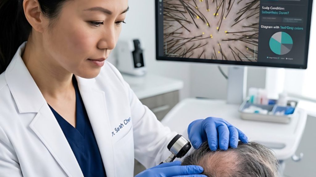 Close-up of a scalp analysis screen comparing follicle images for hair growth progress in Singapore